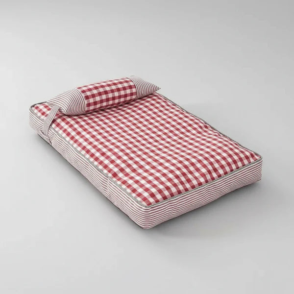 Coussin déhoussable pour chien à carreaux rouges et blancs avec petit oreiller assorti