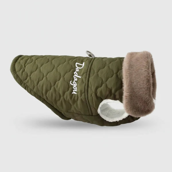 veste imperméable chien matelassée kaki avec col en fausse fourrure pour temps froid
