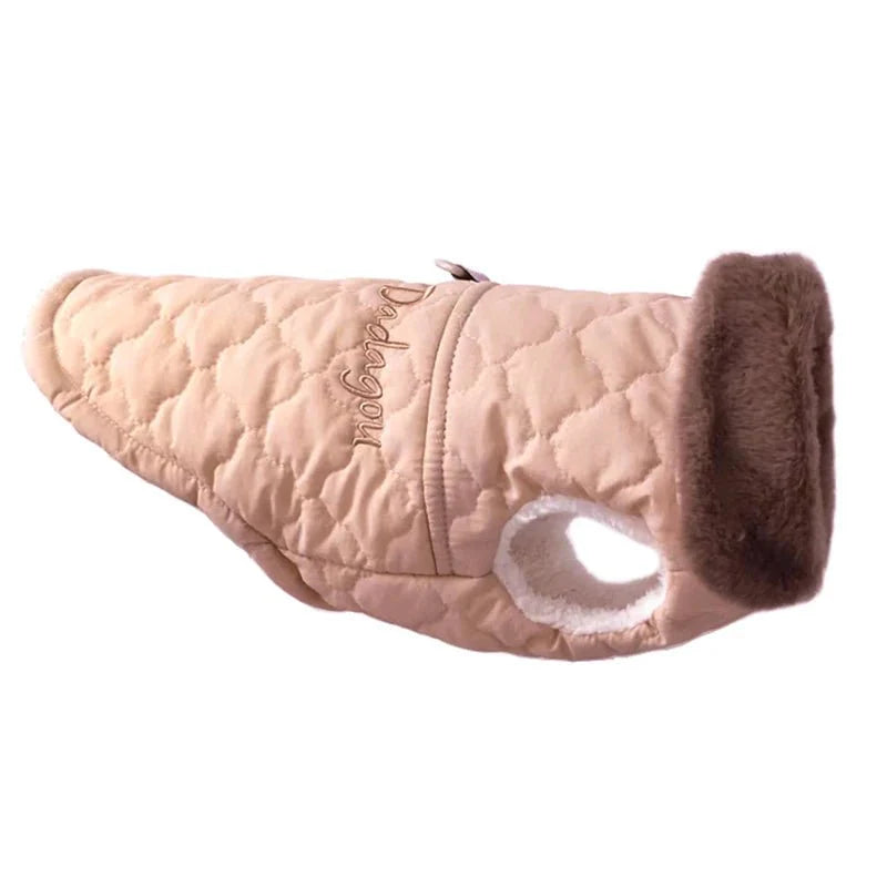 Veste imperméable chien beige matelassée avec col en fausse fourrure pour chien Oscar et Plume