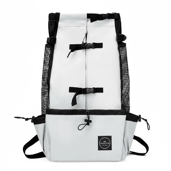 Sac à dos pour chien Oscar et Plume en tissu blanc avec sangles et poches latérales en filet
