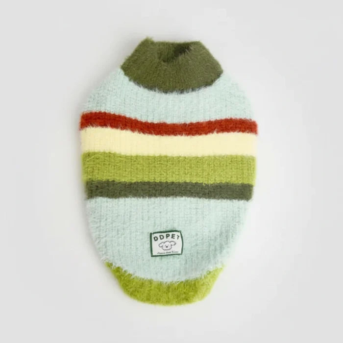 Pull doux pour chien en tricot aux rayures vertes et bleu clair de la marque Oscar et Plume