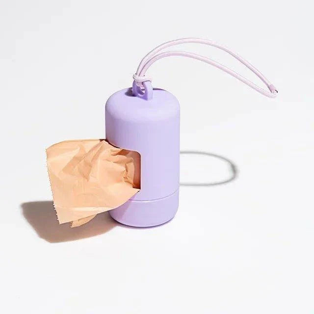 Distributeur de sacs pour chien violet compact avec cordon de fixation pratique Oscar et Plume