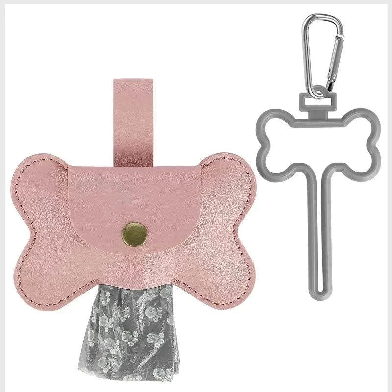 Distributeur de sacs pour chiens en forme d'os en cuir rose avec mousqueton métallique