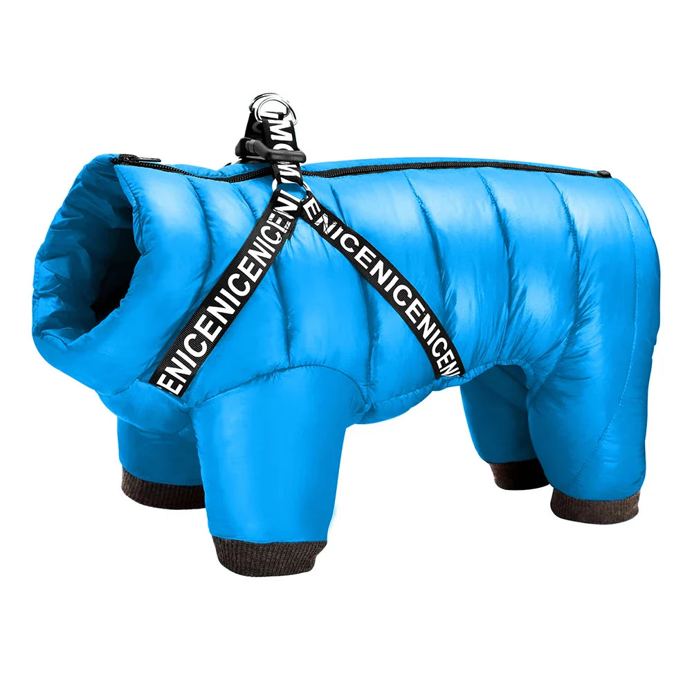 doudoune imperméable pour chien bleu matelassée avec fermeture éclair dorsale et harnais