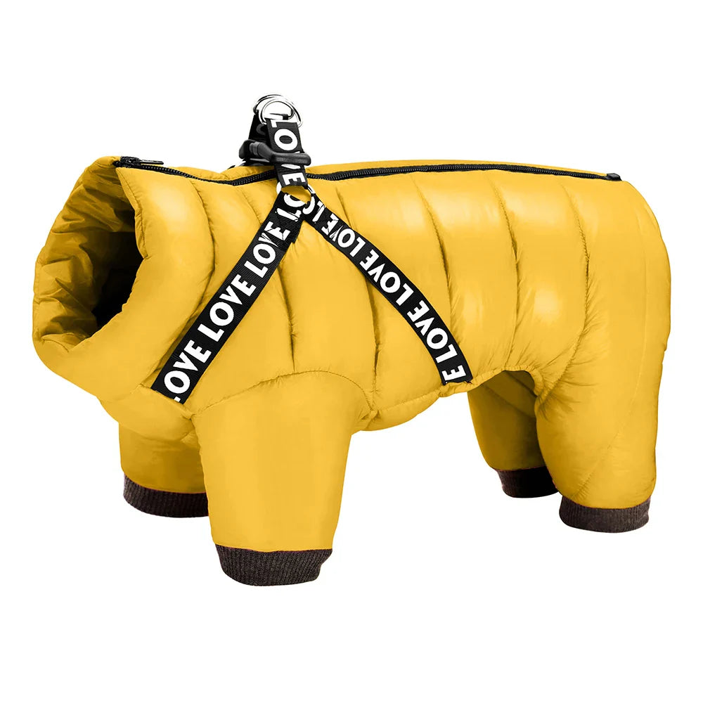 doudoune imperméable pour chien jaune matelassée Oscar et Plume avec fermeture éclair et harnais LOVE
