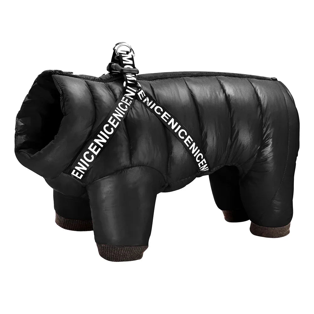 doudoune imperméable pour chien Oscar et Plume noire matelassée avec sangle harnais imprimée et poignets côtelés