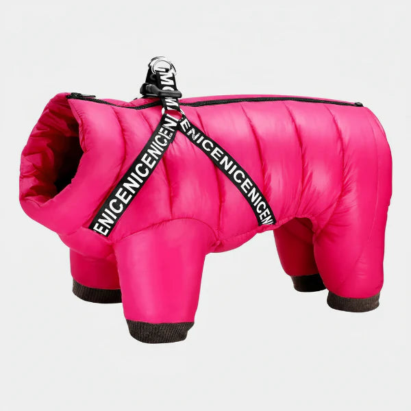 doudoune imperméable pour chien rose Oscar et Plume avec capuche zippée, manches intégrales et harnais noir