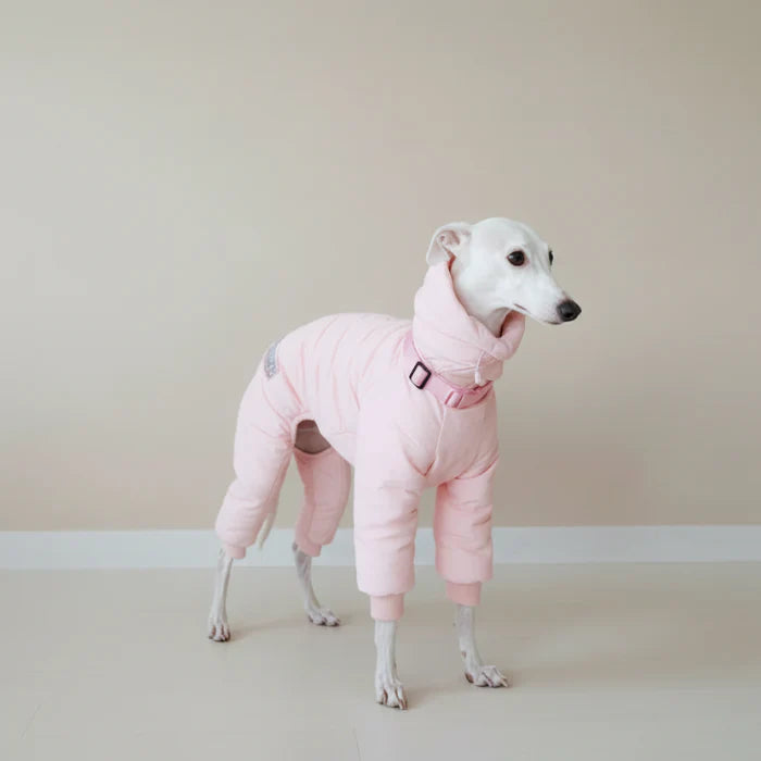 Doudoune imperméable pour lévrier en rose, conçue pour le confort et la protection par Oscar et Plume