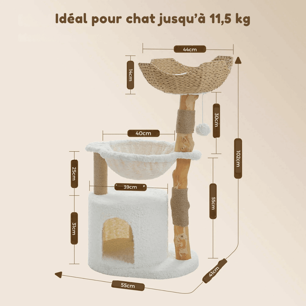 Arbre à chat en bois naturel avec panier en osier et hamac design