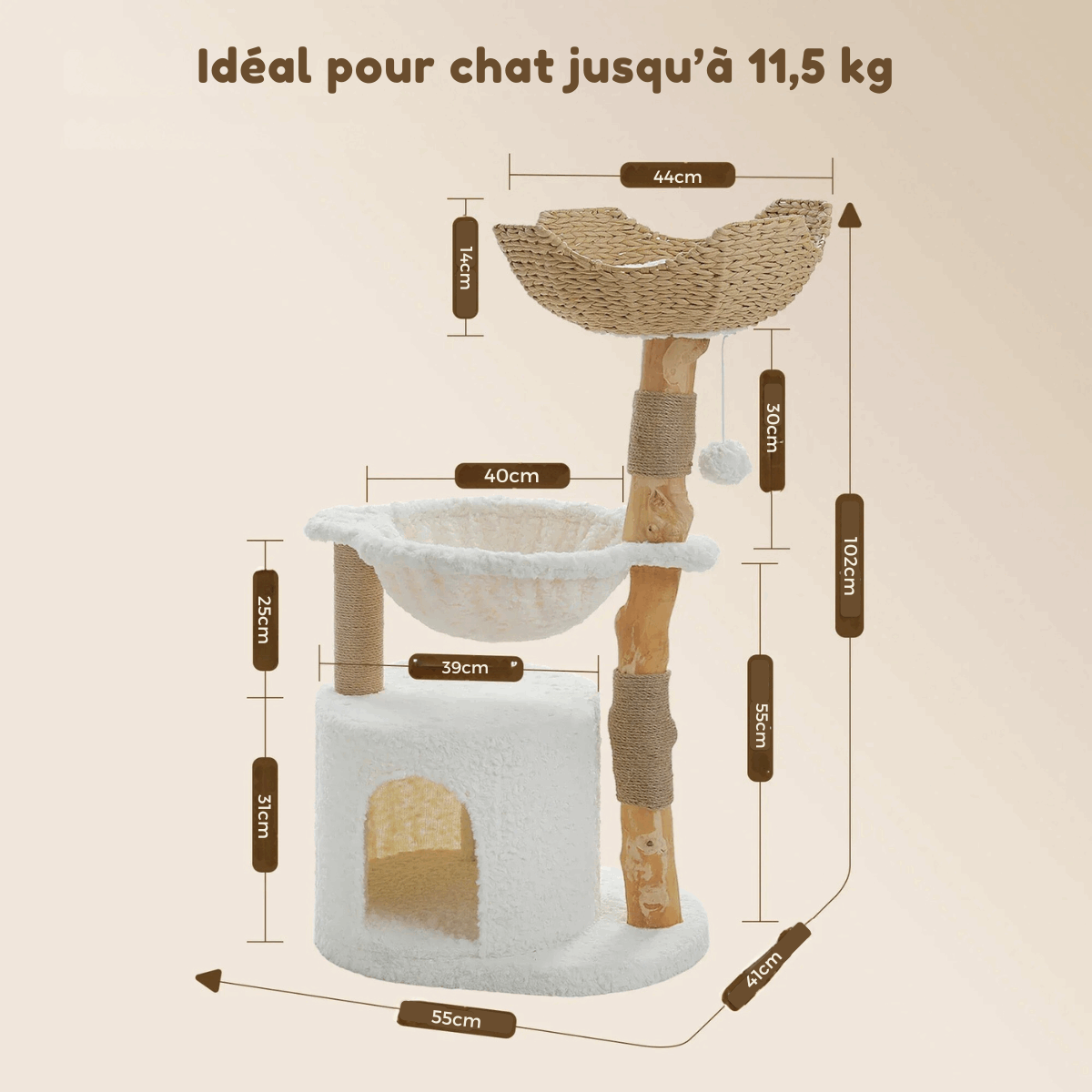 Arbre à chat en bois naturel avec panier en osier et hamac design