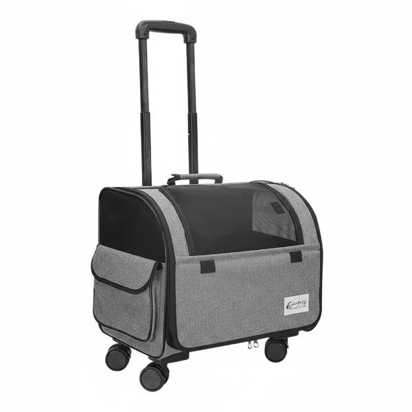 Valise à roulettes de voyage pour chien chat grise avec fenêtre transparente et poignée télescopique