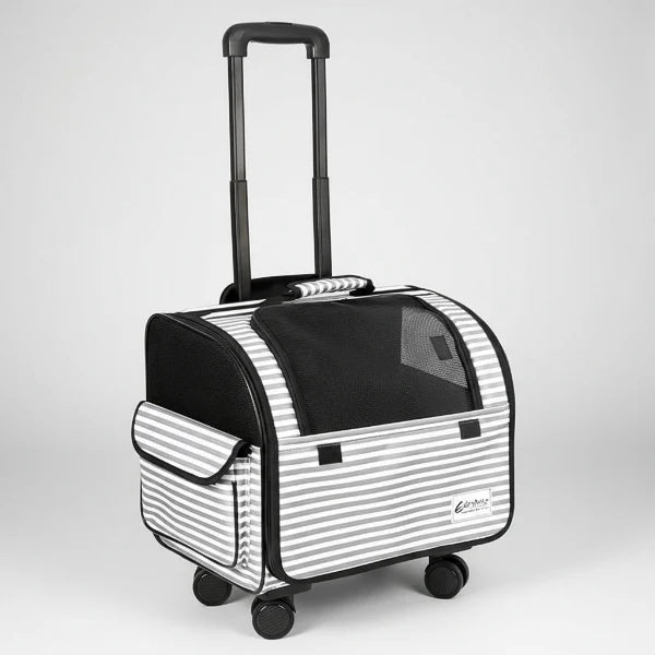 Valise à roulettes de voyage pour chien chat Oscar et Plume rayée grise et blanche avec poignée télescopique