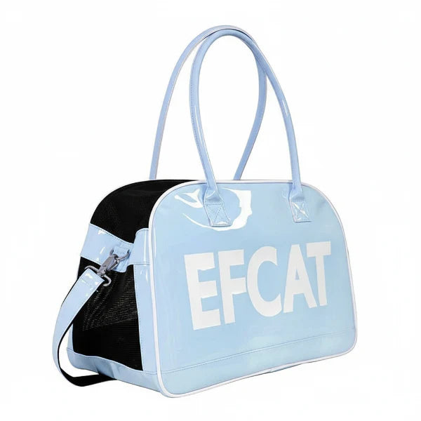 Grand sac de voyage pour chat et chien bleu clair et noir avec anses longues et bandoulière réglable