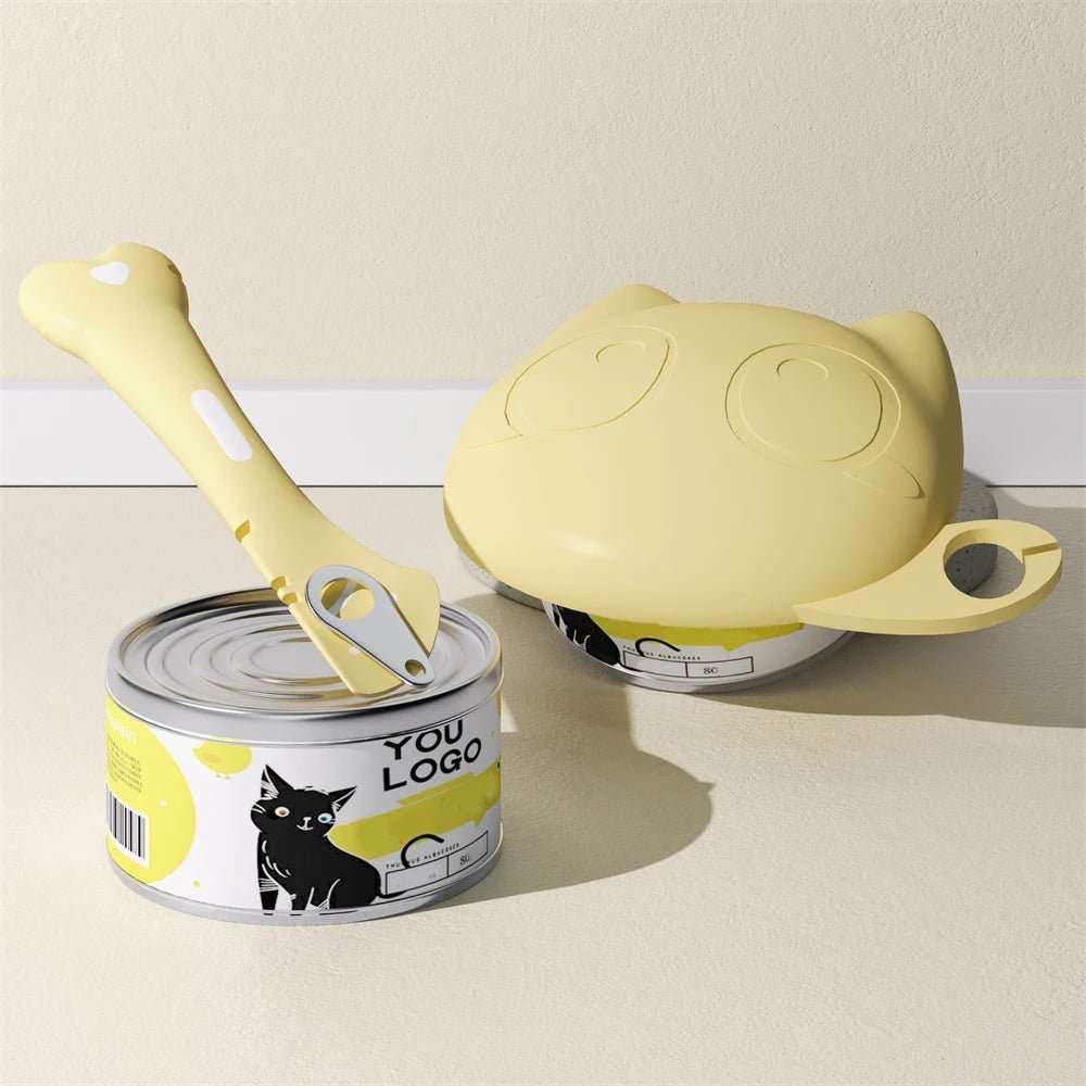 Ensemble couvercle et cuillère jaune pour ouvrir et couvrir les boîtes de conserve Oscar et Plume