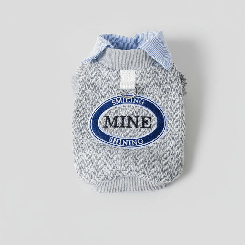 Ensemble sweat chemise chien gris à col bleu rayé avec broderie MINE par Oscar et Plume