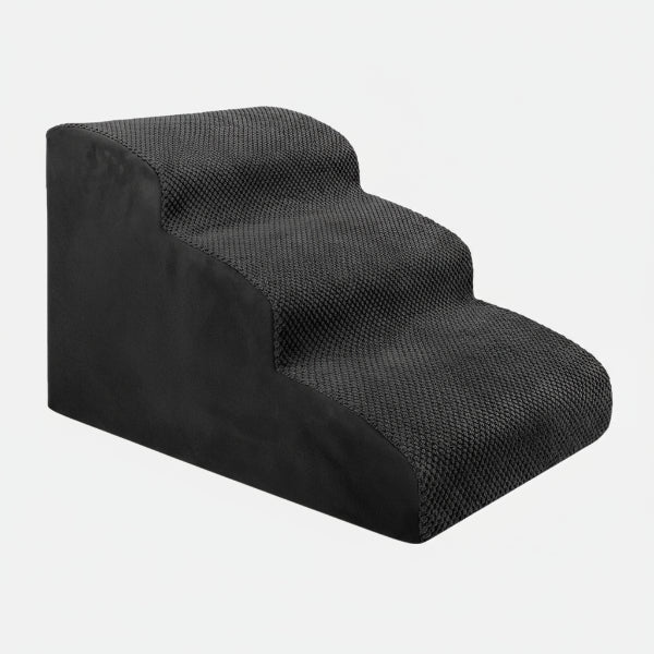 Escalier pour chien et chat en tissu noir avec trois marches pour faciliter l'accès aux endroits élevés