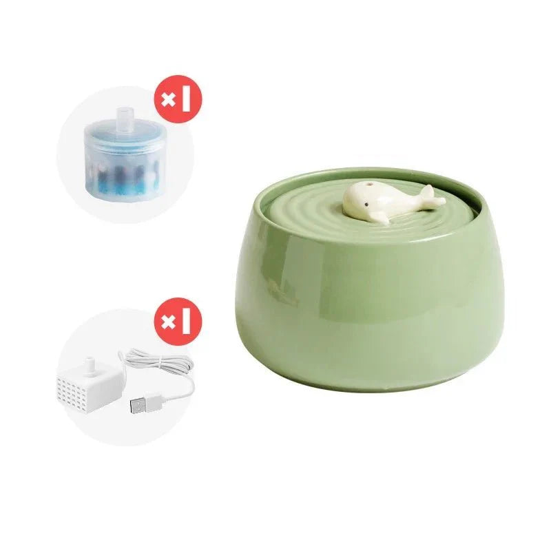 Fontaine en céramique pour chat verte avec décor baleine et accessoires inclus