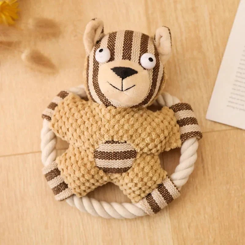 Jouet corde coton chien en forme d'ours avec anneau en corde blanc et brun pour animal
