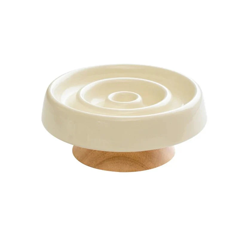 Gamelle anti glouton chat beige avec pied en bois naturel par Oscar et Plume