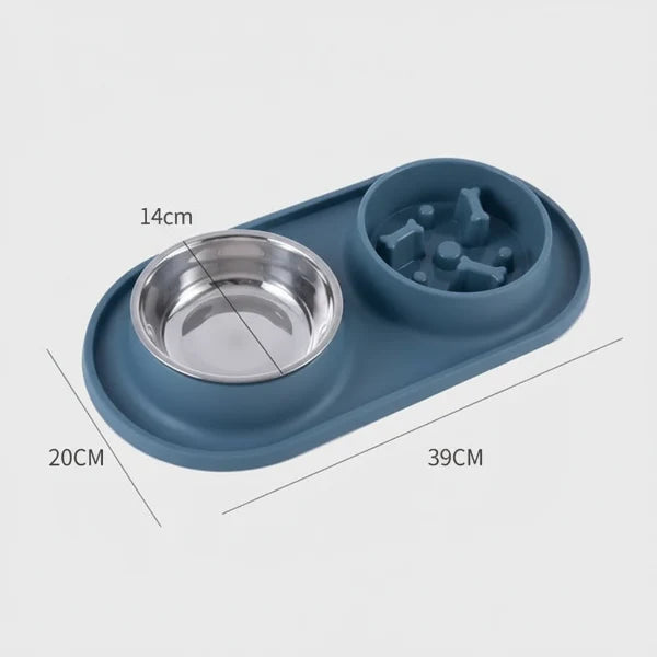 Gamelle anti glouton pour chien avec double compartiment en acier inoxydable et silicone bleu