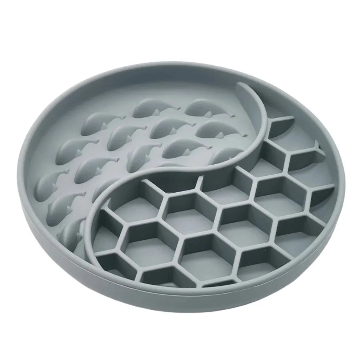 gamelle anti-glouton silicone grise avec motifs hexagonaux et ondulés pour ralentir la nourriture