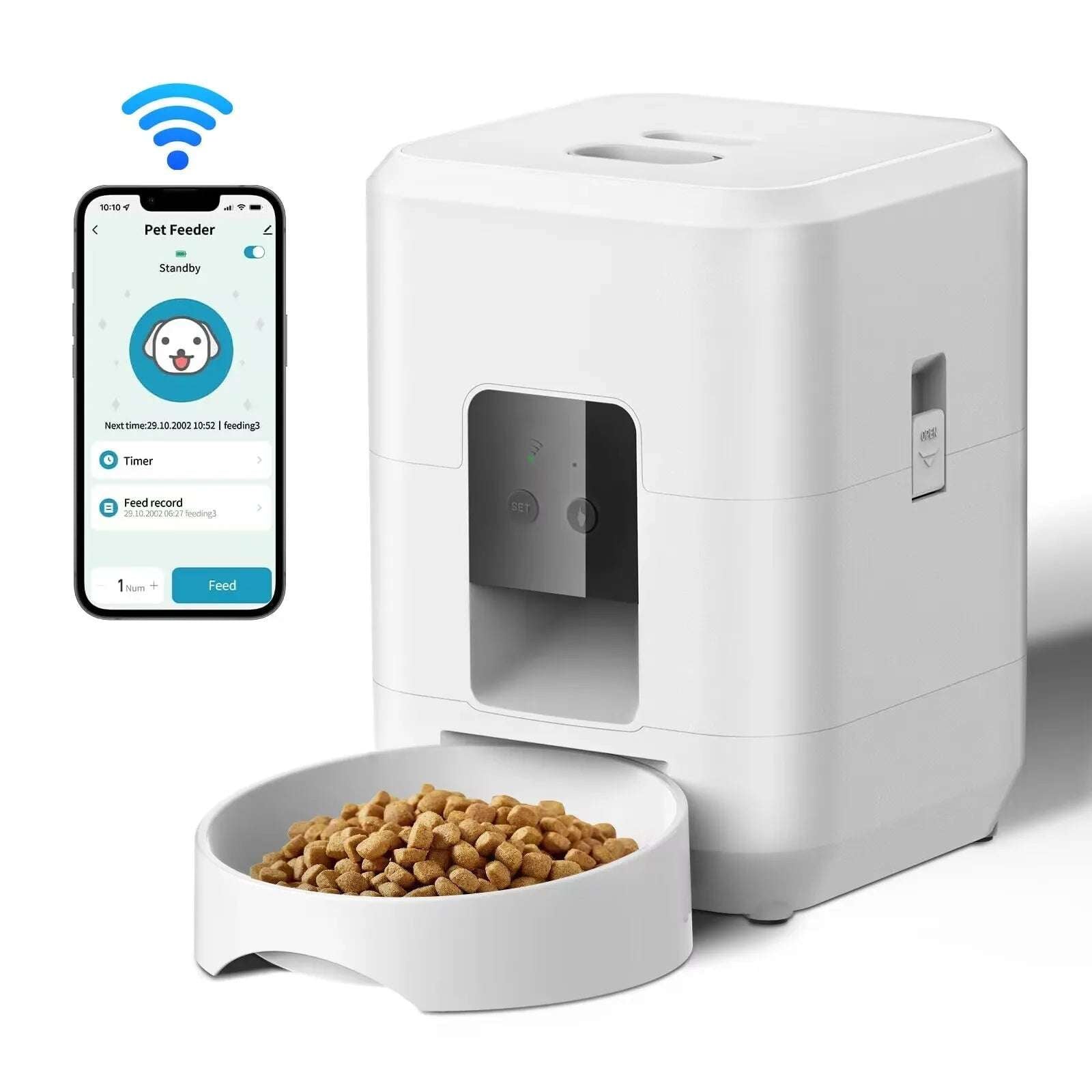 Gamelle automatique chien chat connectée blanche avec distributeur de croquettes et application mobile