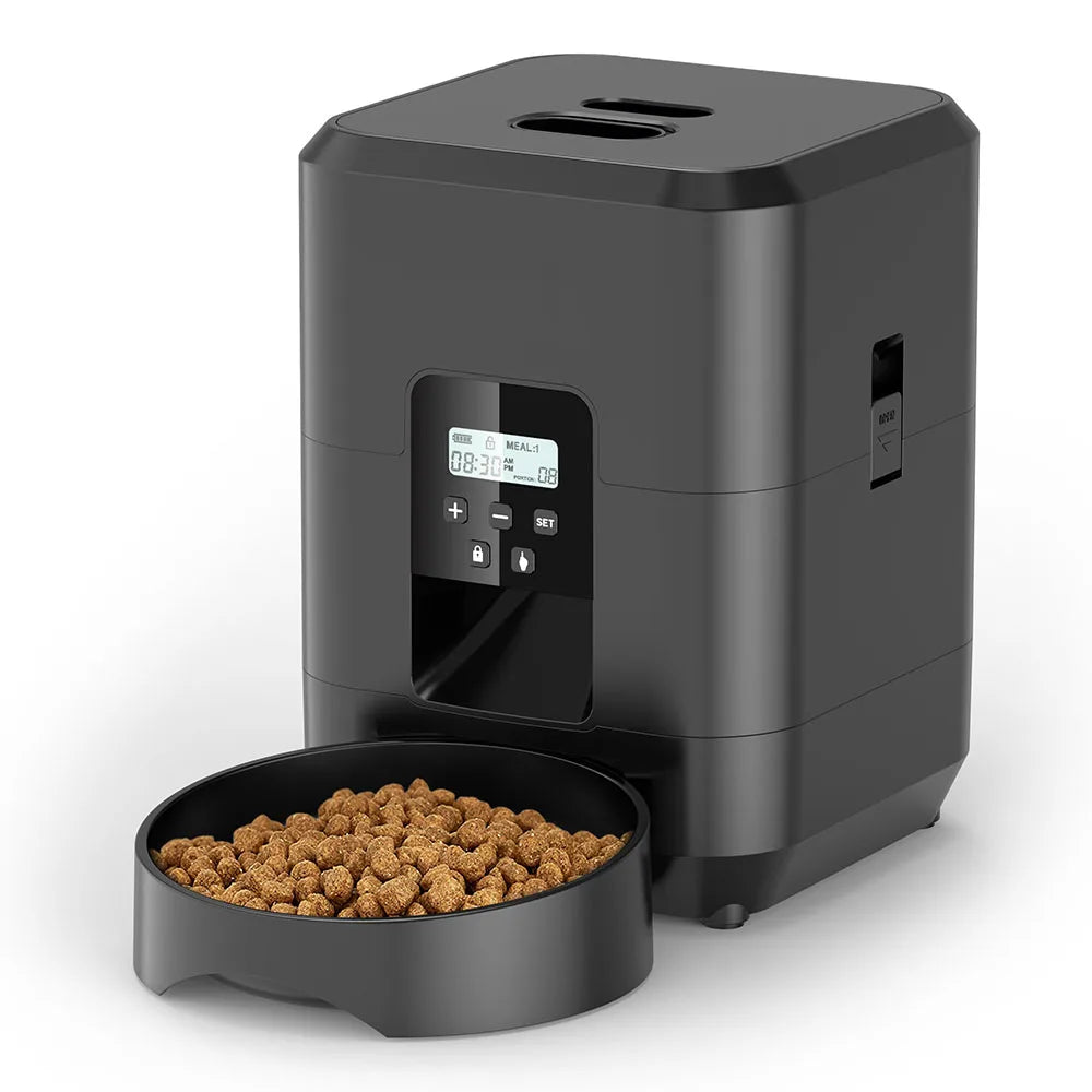 Gamelle automatique chien chat noire avec distributeur programmable de croquettes Oscar et Plume
