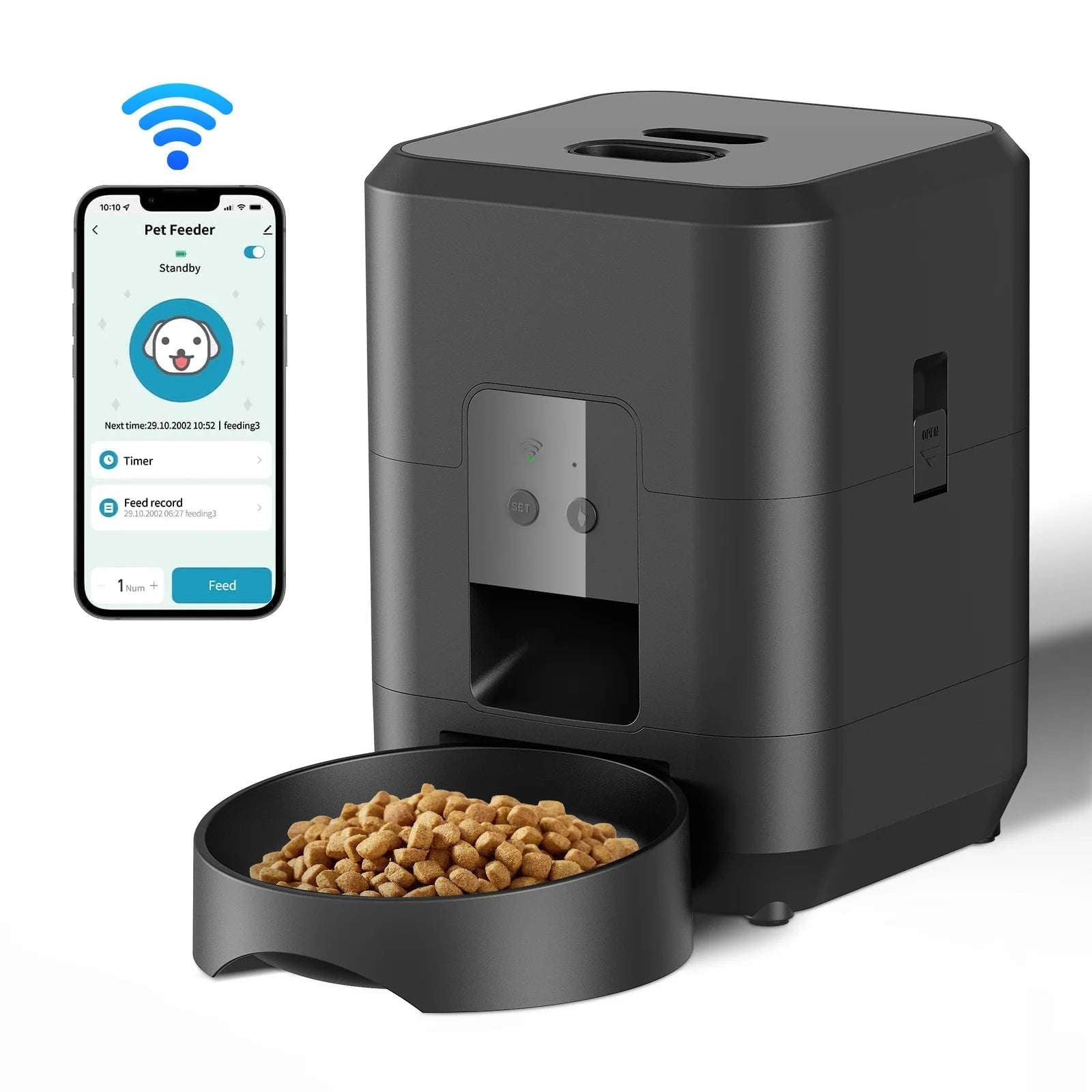 Gamelle automatique chien chat noire avec application mobile pour programmation des repas
