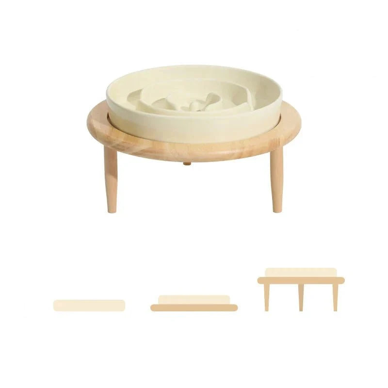 Gamelle céramique anti glouton beige sur support en bois naturel avec pieds pour animaux