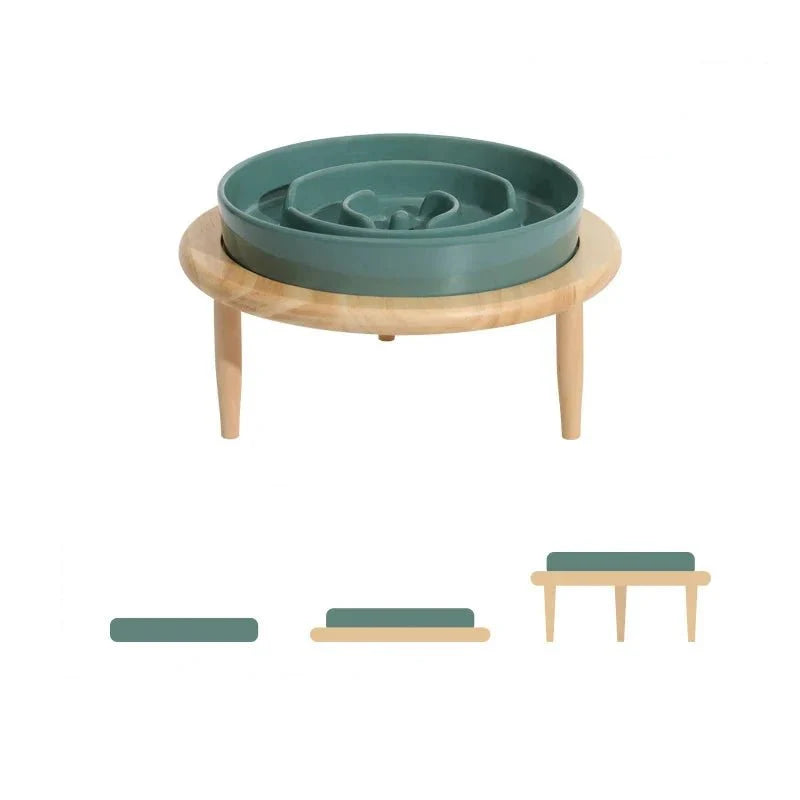 Gamelle céramique anti glouton Oscar et Plume avec socle en bois sur pieds pour alimentation lente