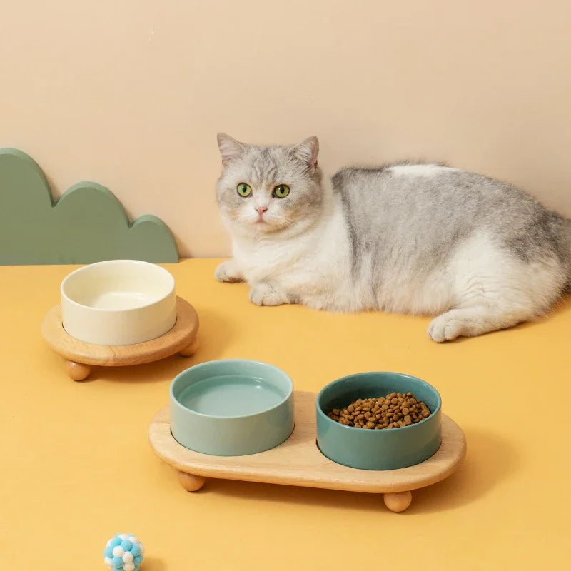 Gamelle chat céramique surélevée avec support bois