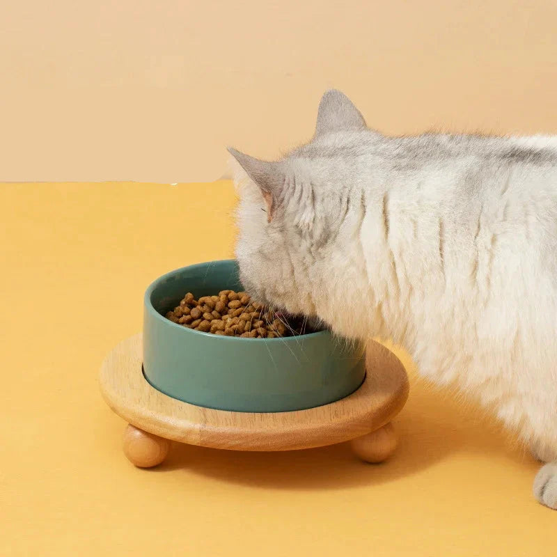 Gamelle chat céramique surélevée avec support bois