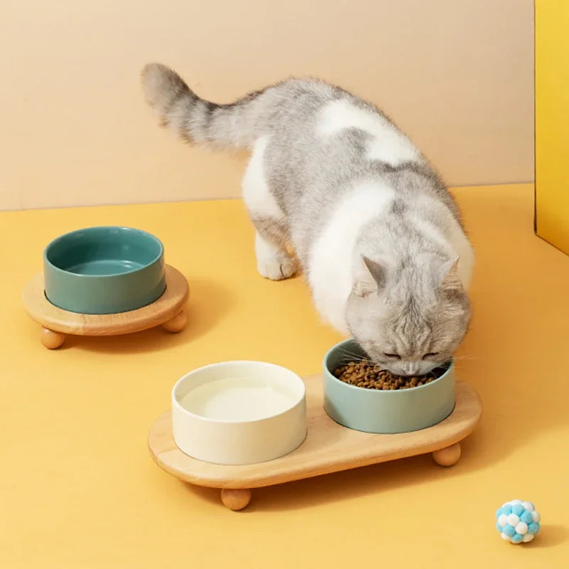Gamelle chat céramique surélevée avec support bois