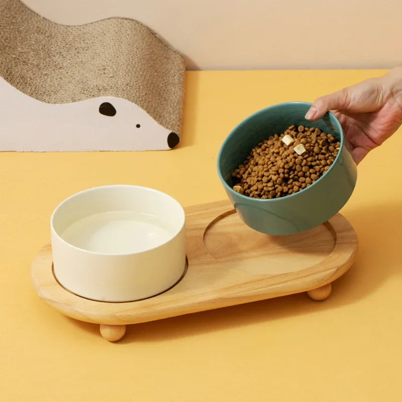 Gamelle chat céramique surélevée avec support bois
