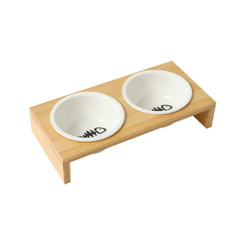 Gamelle céramique chien double avec support en bois naturel de la marque Oscar et Plume