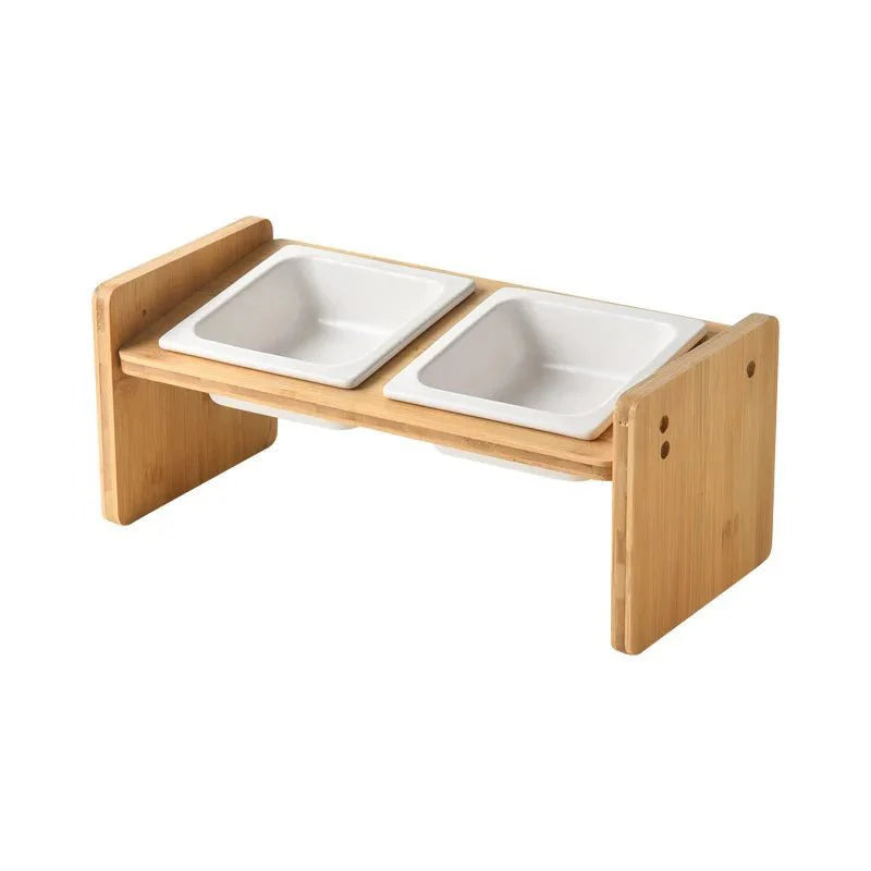 Gamelle céramique inclinée double avec support en bois naturel pour animaux de compagnie