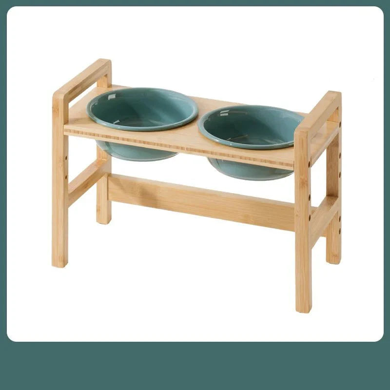 Gamelle céramique réglable chien avec support en bois naturel double bol pour animaux