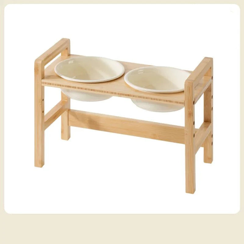 Gamelle céramique réglable chien sur support en bois naturel avec deux bols pour alimentation