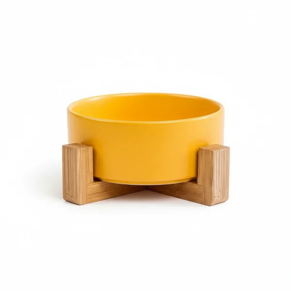 Gamelle chien céramique jaune avec support en bois naturel élégante et stable