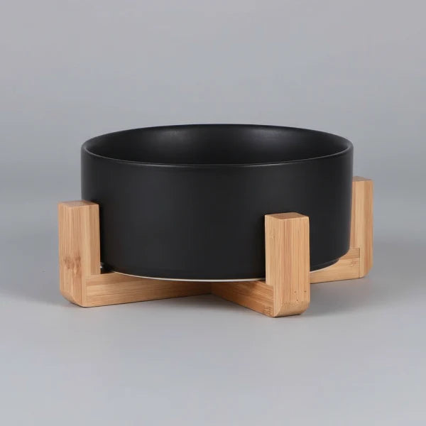 Gamelle chien céramique noire avec support en bois naturel pour alimentation confortable