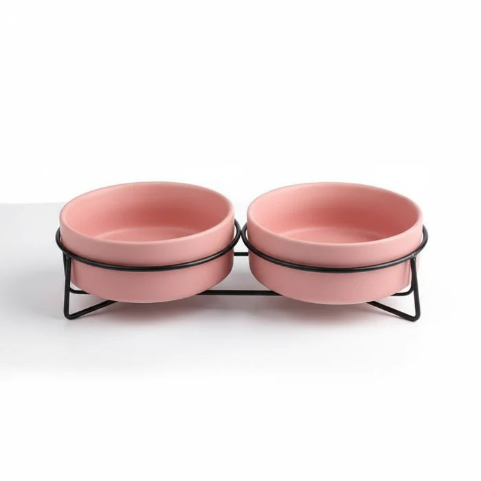 Gamelle design chien rose double avec support noir en métal pour nourriture et eau