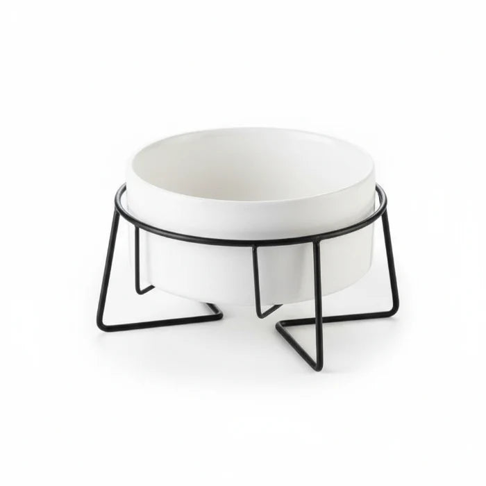 Gamelle design chien en céramique blanche avec support métallique noir Oscar et Plume