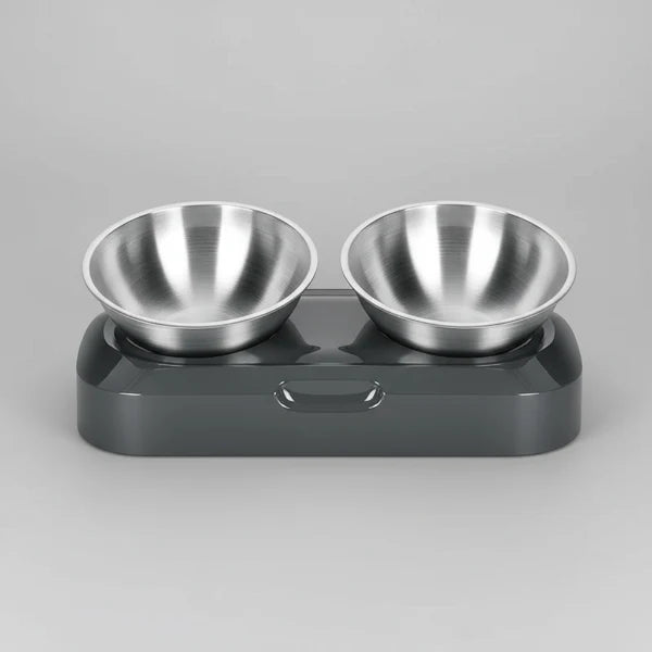 Gamelle double résistante en acier inoxydable avec support gris pour chiens ou chats