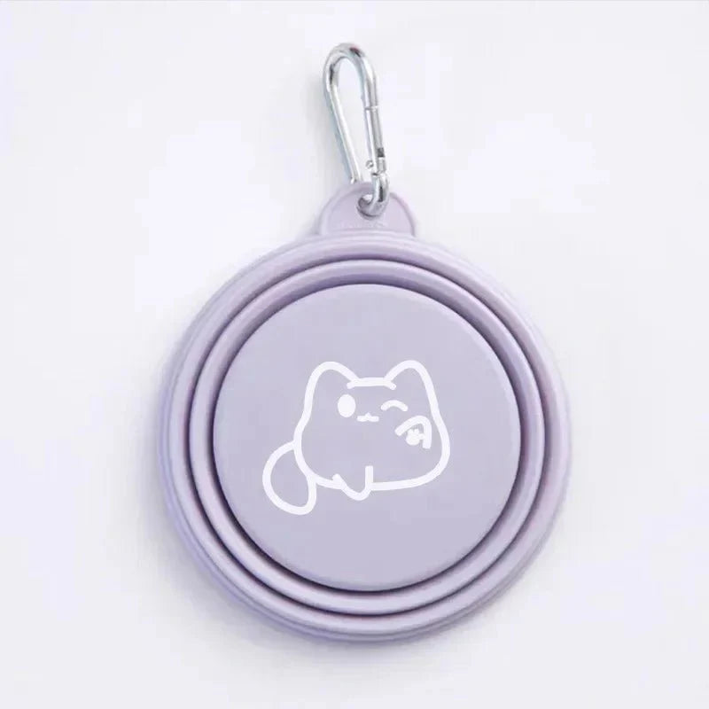 Gamelle légère portable pliable couleur violette avec dessin de chat et mousqueton Oscar et Plume