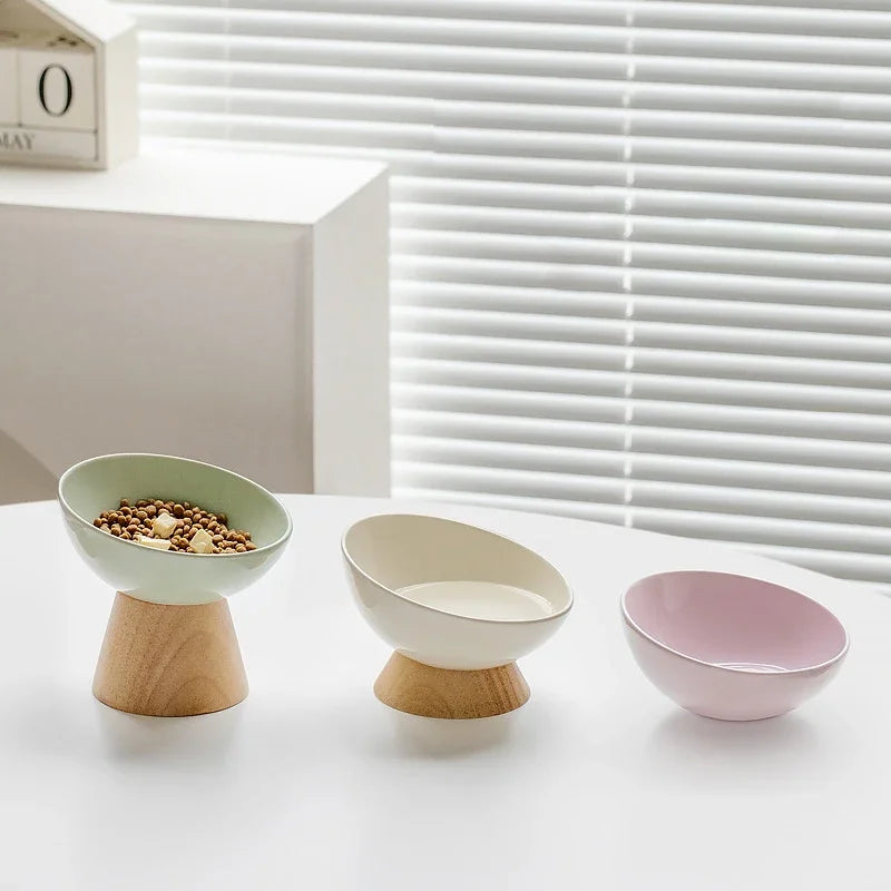 Gamelle Céramique Inclinée Pour Chat Avec Support Bois