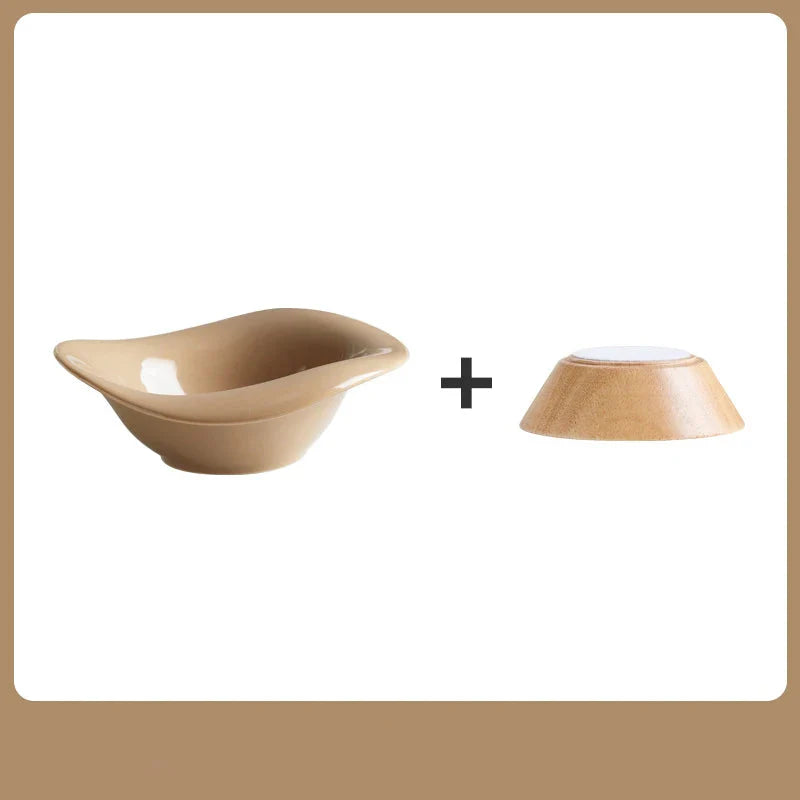 Gamelle surélevée pour chat en céramique beige avec support en bois moderne