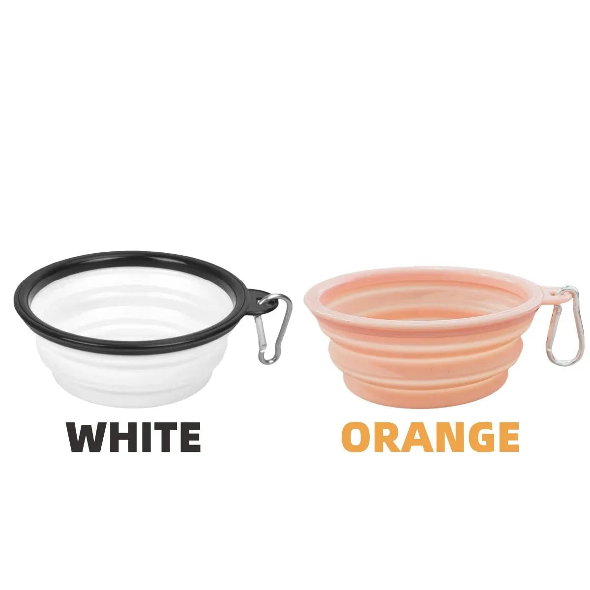 Gamelle voyage chat chien pliable en silicone blanc et orange avec mousqueton Oscar et Plume