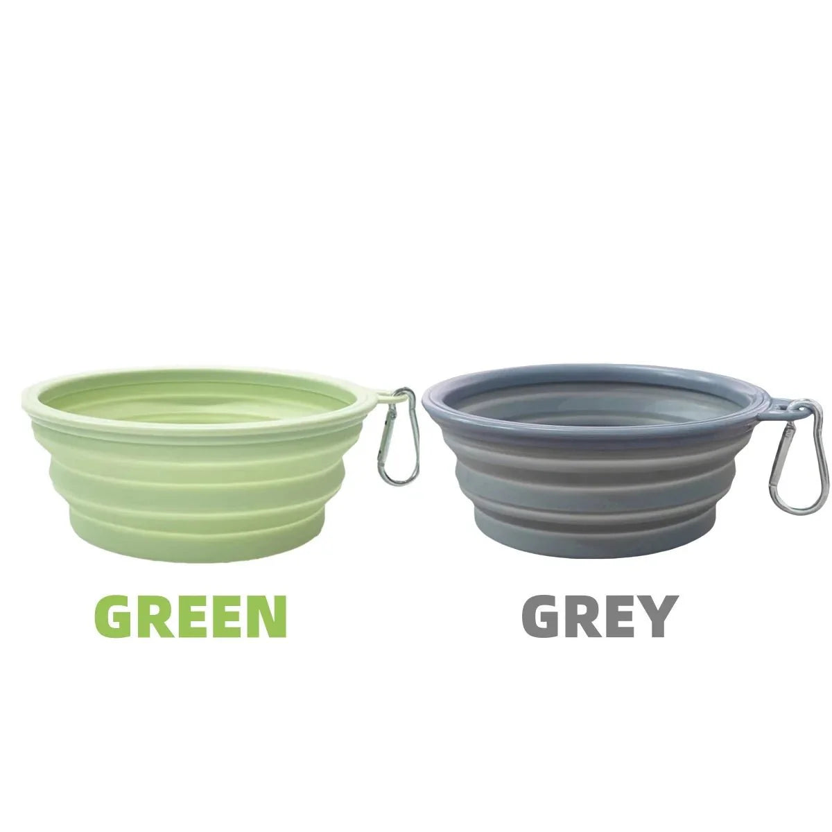 Gamelle voyage chat chien pliable en silicone vert et gris avec mousqueton pour transport facile