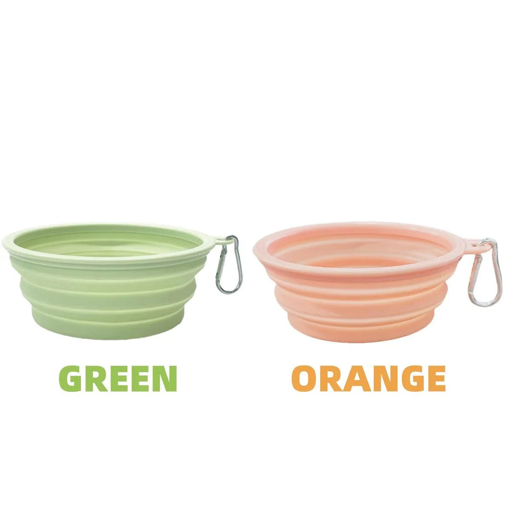 Gamelle voyage chat chien pliable en silicone vert et orange avec mousqueton pour transport facile