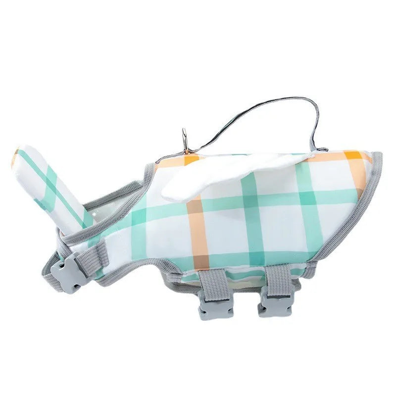 Gilet de sauvetage chien Oscar et Plume à carreaux bleu vert et orange avec sangles réglables et poignée